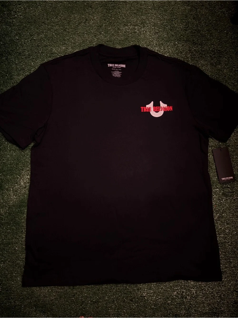 True Religion Black Short Sleeve Tee with Red & White Logo